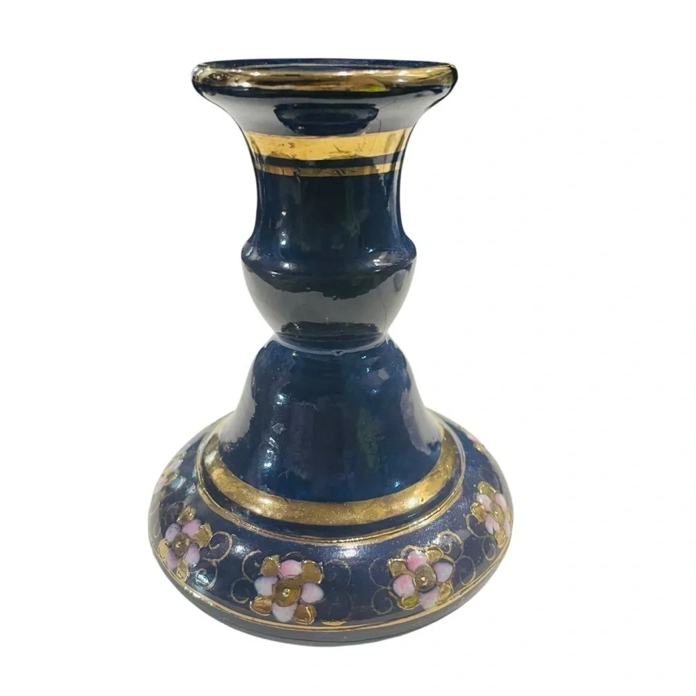 Toyo Enamel & Gold Leaf Porcelain Ornate Floral Design Candle Holders 4.25”